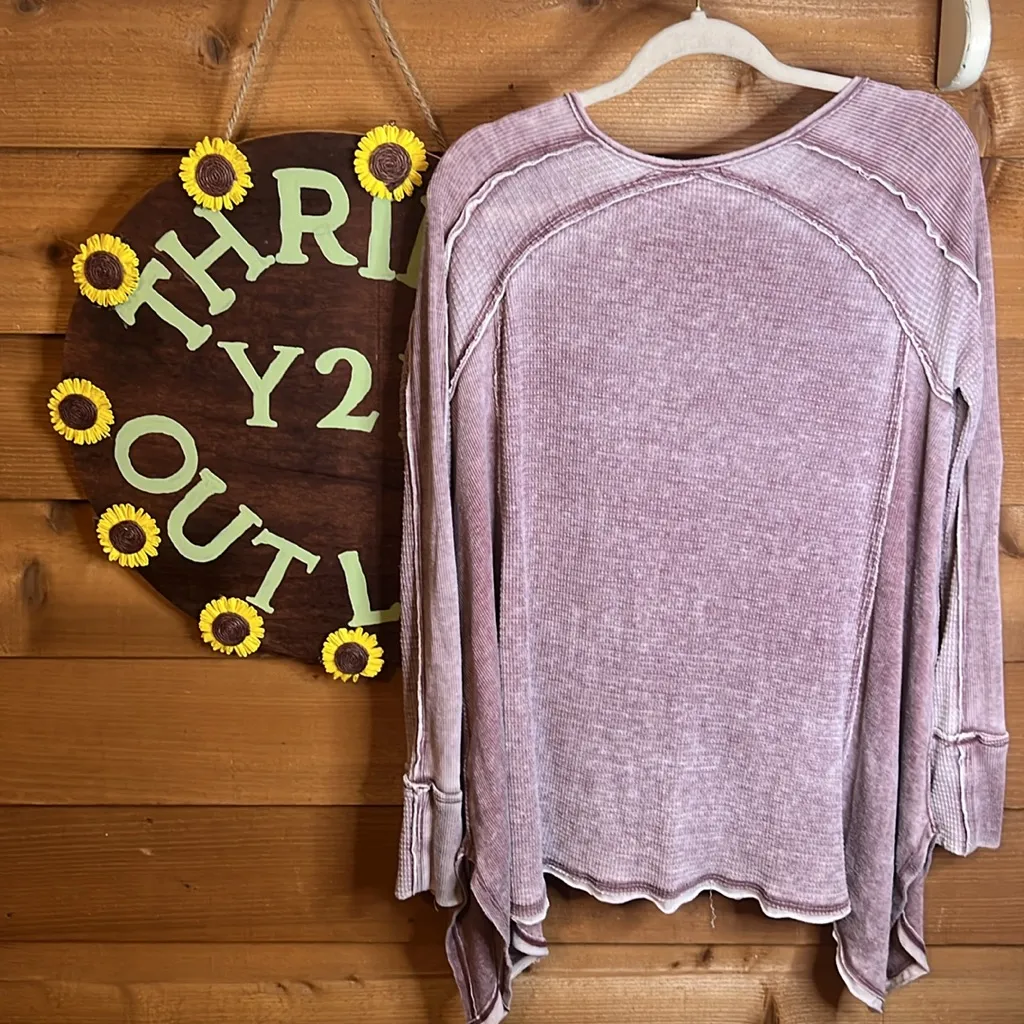 Free People Free Pacific Thermal V-neck Long Sleeve Distressed Shirt Oversize S - Image 6