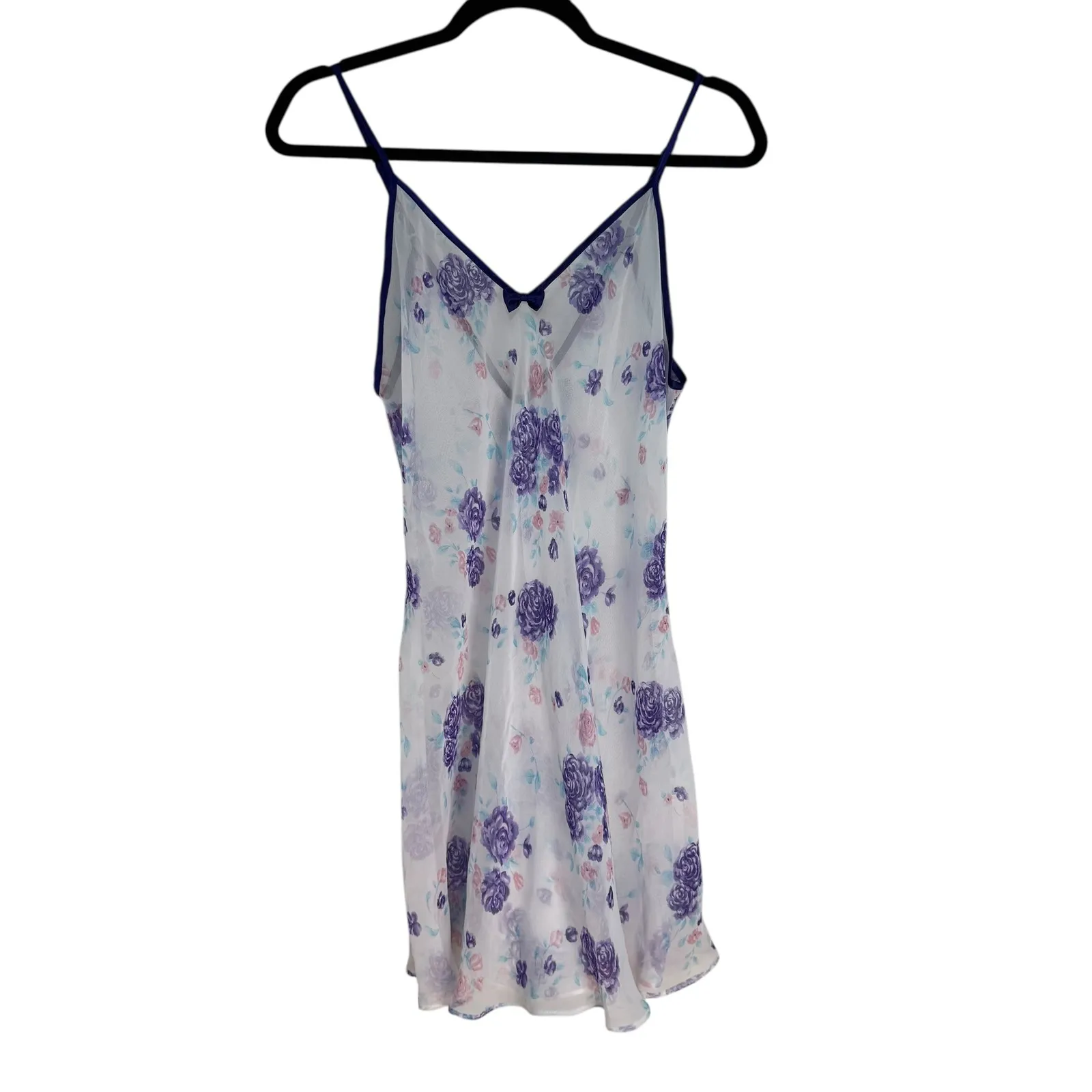 Fredericks of Hollywood Vintage Sheer Floral Nightgown Slip L Purple Trim Bows White Size L - Image 2