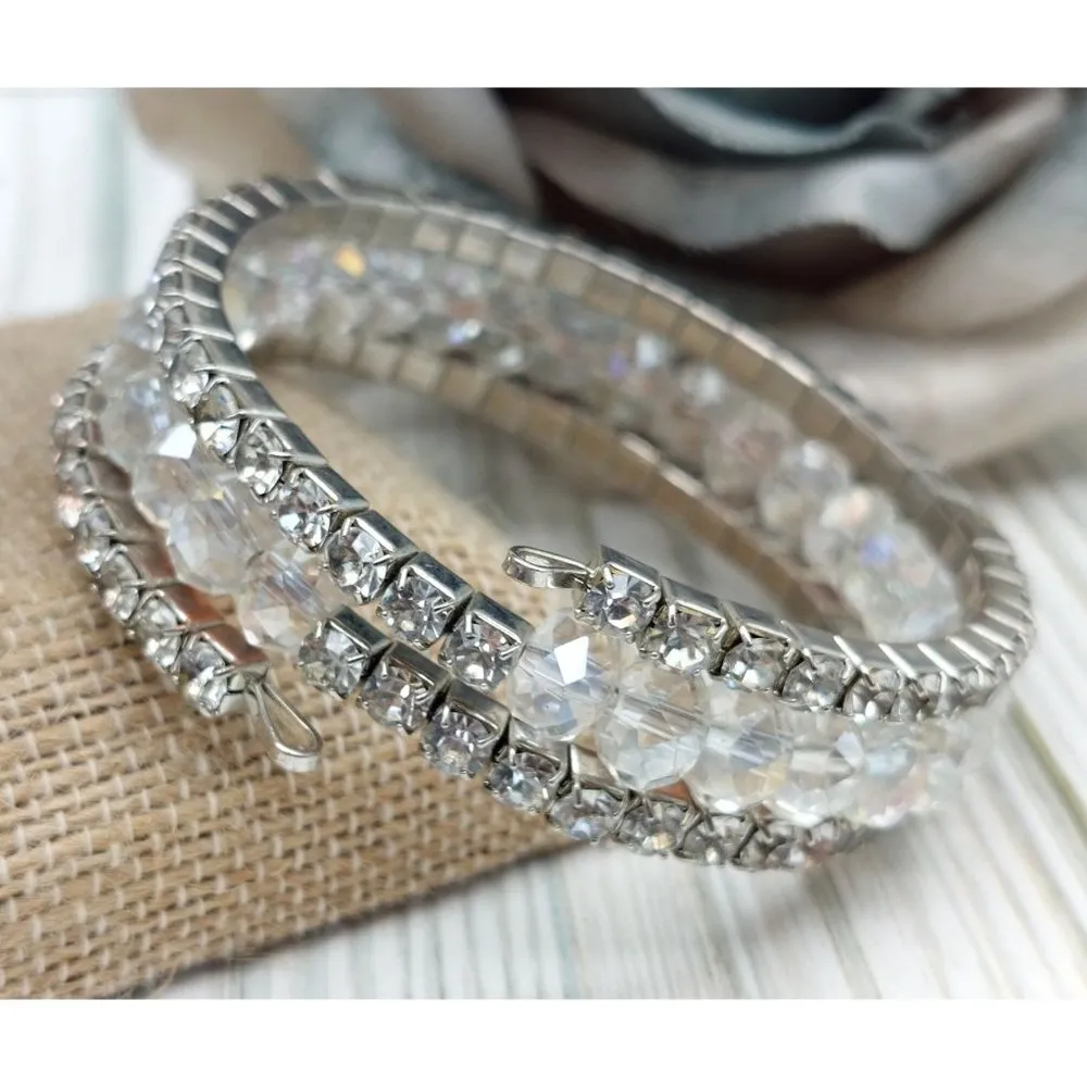 Cute Rhinestone Crystal Wire Wrap Bangle Bracelet Silver Tone Sparkly - Image 2