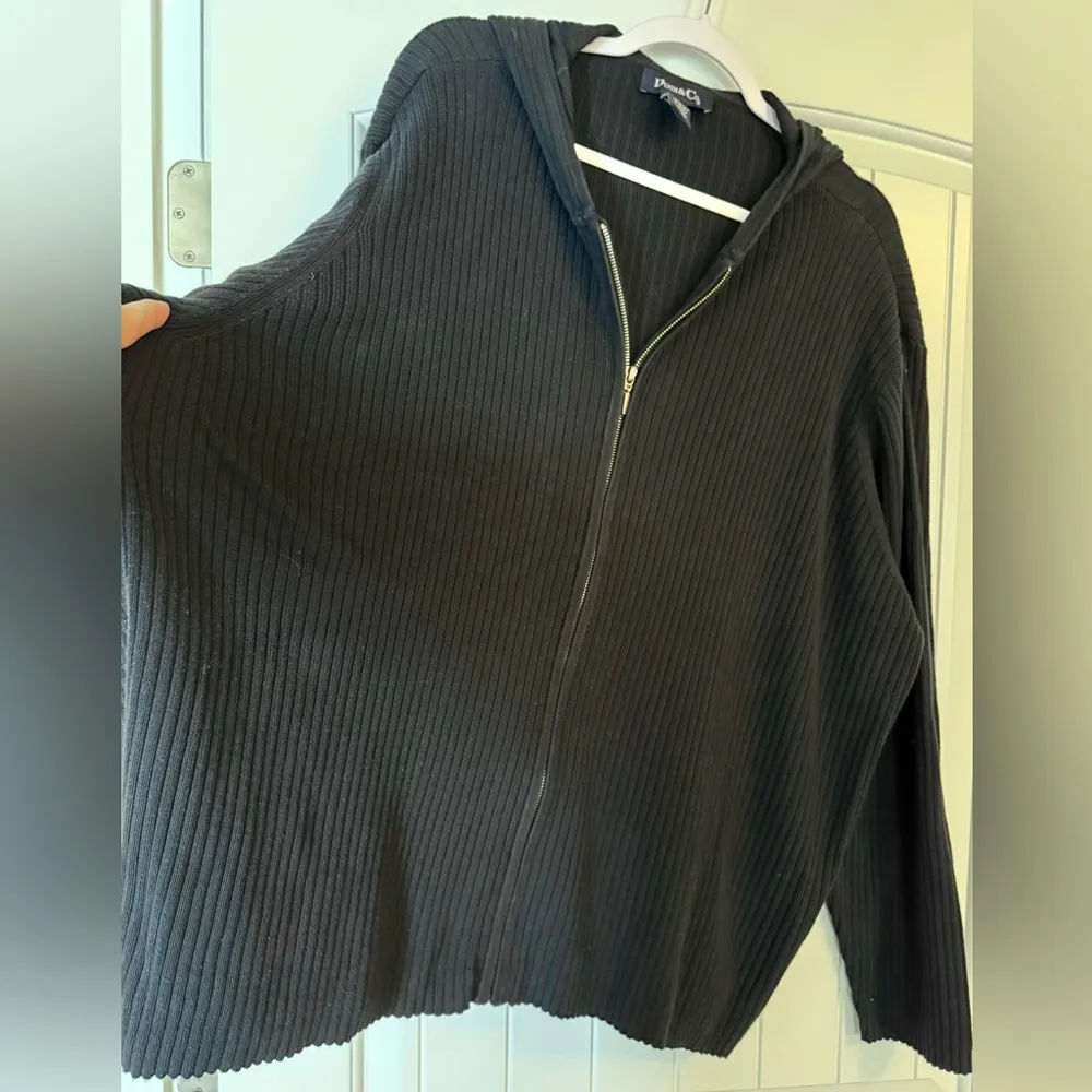 Denim & Co Women Black Ribbed Knitted Long Sleeve Zipper Hooded Sweater Jacket - Image 2