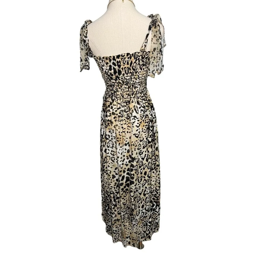La Ligne 100% silk tie strap leopard print smocked midi dress size large L Tan - Image 3