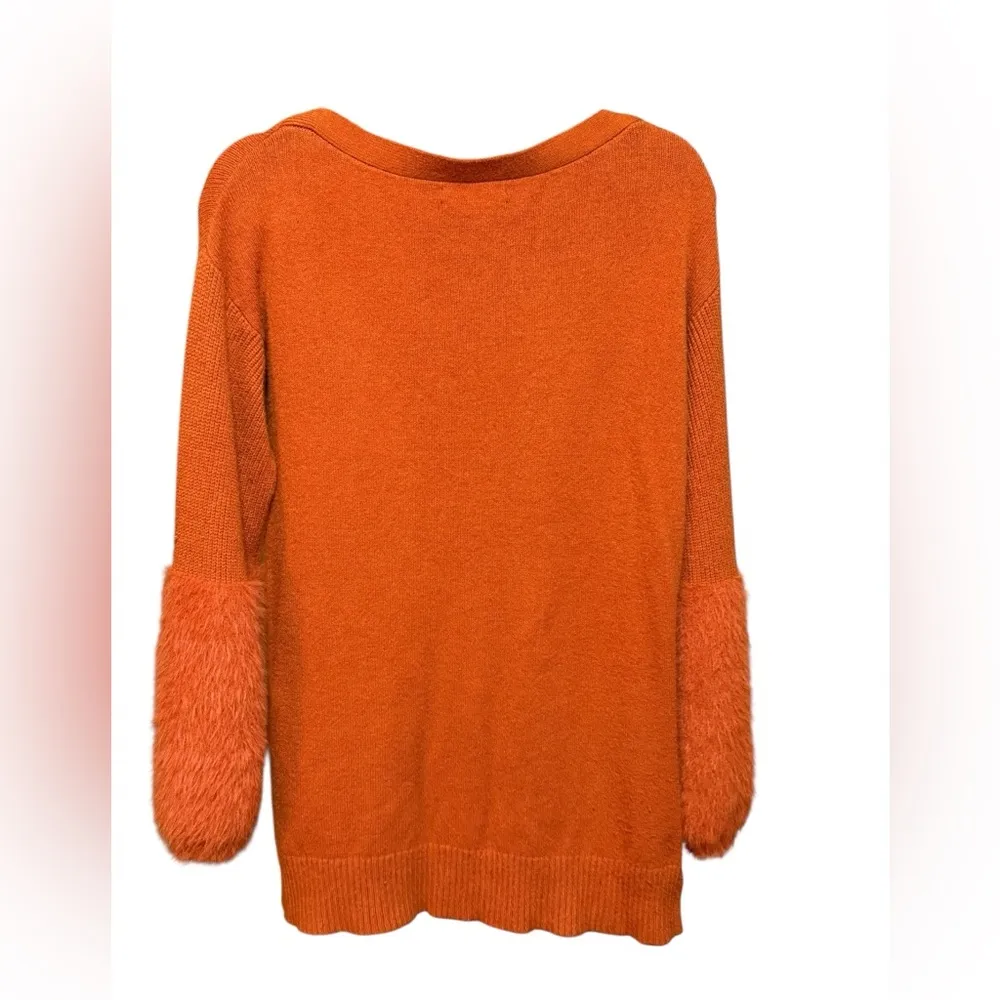 Anthropologie Colma Tunic Sweater Burnt Orange Faux Fur Sleeves Eyelash Cuffs XS - Image 4