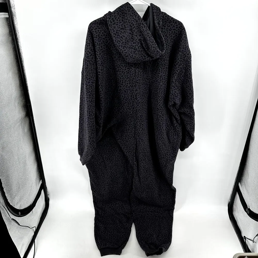 Fabletics Forever Fleece Hooded Onesie Zip Up Pockets Pewter Leopard Orchid 1X - Image 6