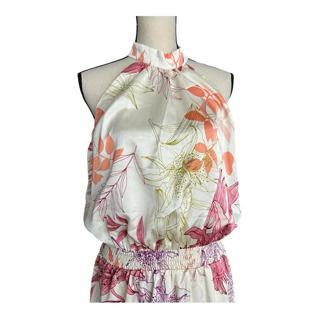 Sweet Lemon Floral Satin Halter Mini Dress Ivory with Pink & Orange Blooms Sz L Size L - Image 6
