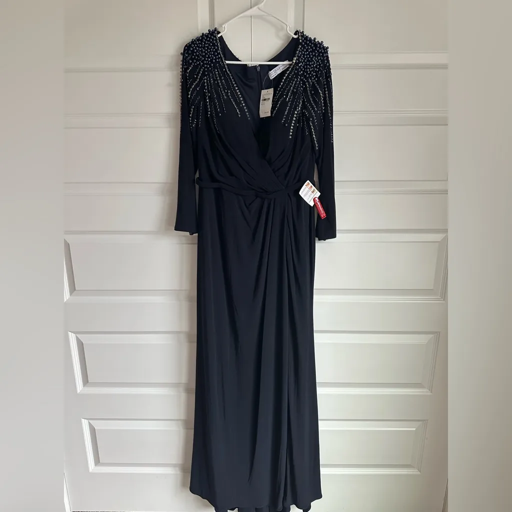 Leena Mac Duggal Long Sleeve Jersey Wrap Gown Dress Embellished V‎ Neck Midnight - Image 4