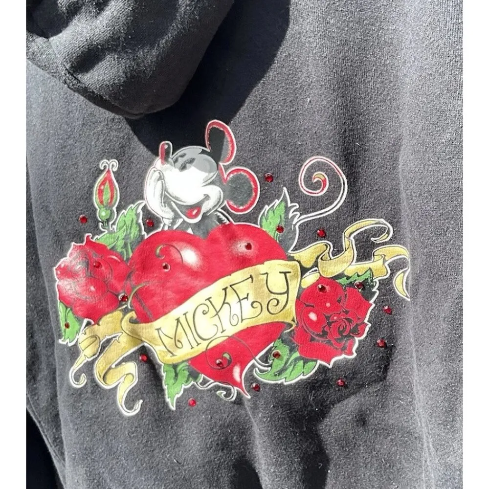 Disney Parks Mickey Mouse Hoodie Rose Tattoo Women’s Sz L Black Zip Up Jacket - Image 8