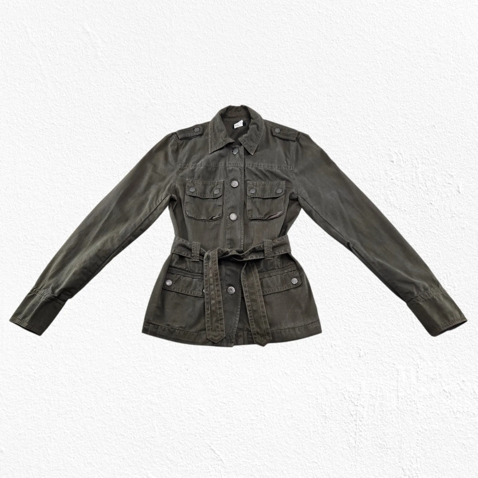 J. Crew Olive Green Utility Jacket Silk Blend Belted Military Style Size Small - Image 3