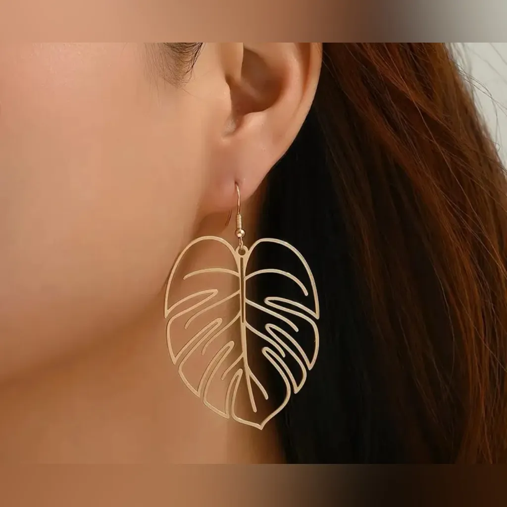 Monstera leaf earrings gold tone tropical beach vacation new - Image 2