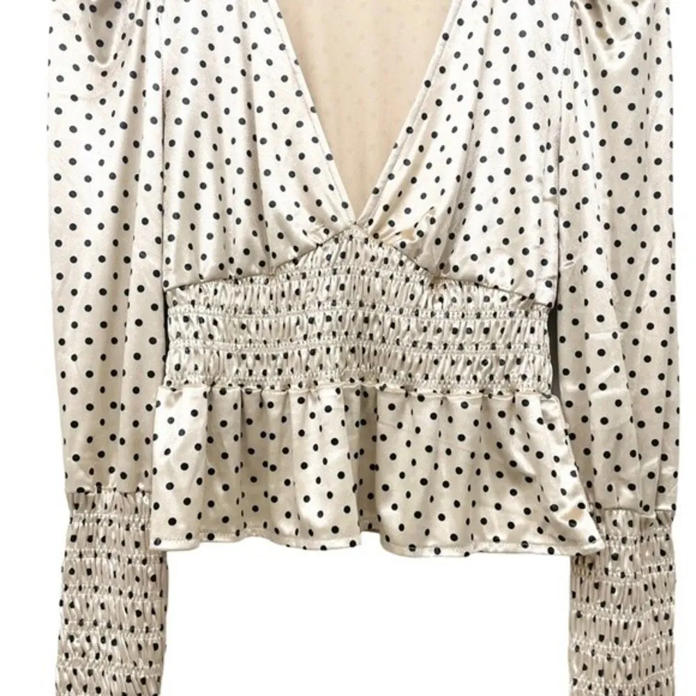 Lulus Top Chic Upgrade Champagne Polka Dot Velvet Smocked Blouse Size Small - Image 15