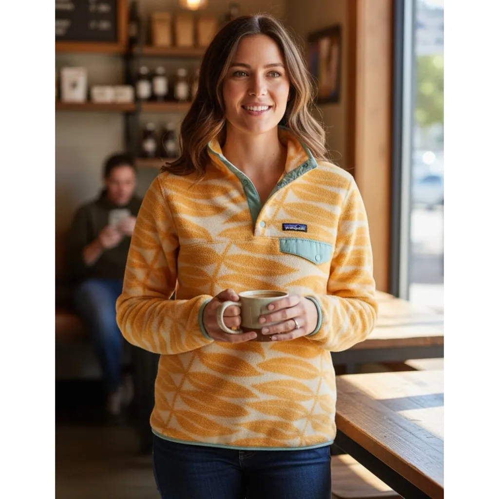 Patagonia Synchilla snap T Fleece pullover Yellow Leaf Pattern unisex small - Image 2