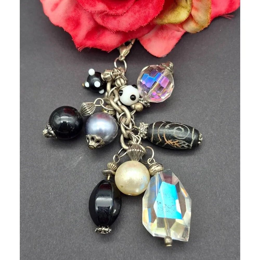 Silver Tone Toggle Necklace Textured Link Multi Beaded Pendant Dangle Tassel 20" - Image 2