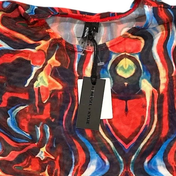 Kendall & Kylie Red Spice Black Blue Swirl Abstract Mesh Crop Top L - Image 5