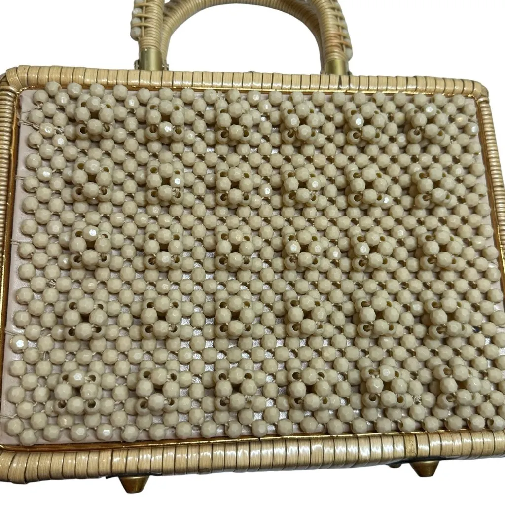 Vintage MCM 1950's Beaded Natural Straw Box Bag Hong Kong Handbag Tan - Image 5