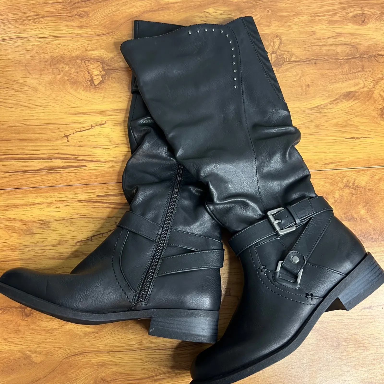 White Mountain Liona Faux Leather Tall Riding Boots Size 5 Black Studded NEW - Image 5