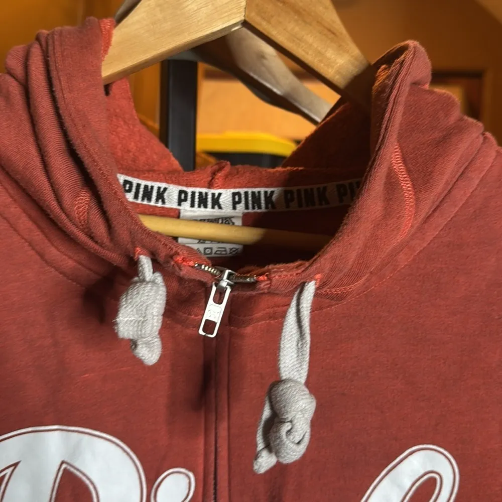 PINK Victoria's Secret Coral 3/4 Zip Hoodie with White Accents Size XS Oversized - Image 4