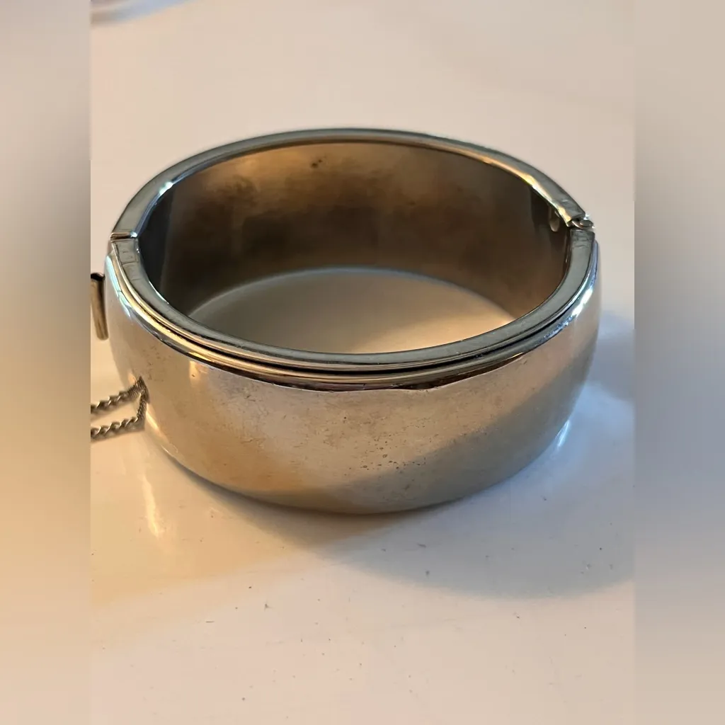 Vintage Silver Hinged Bangle Bracelet silver tone with chain chunky classic - Image 3