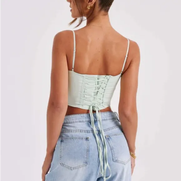 Babyboo BROKEN ZIPPER Sage light green Clara corset lace tie up crop tank top - Image 2