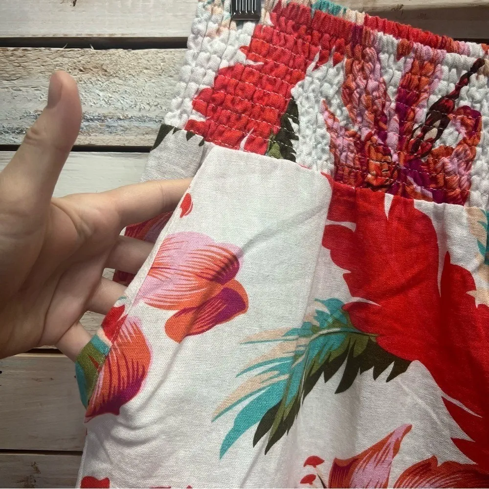 Tahari Linen Blend Wide Leg Floral Pants Smocked Waist Resort Trousers XL - Image 4