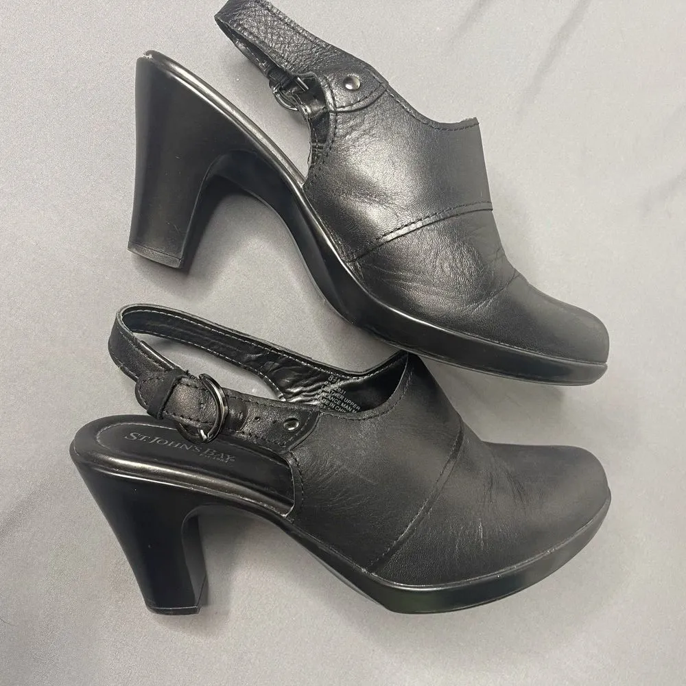 St Johns Bay Shoes Womens 8.5 M Heels Clogs Mules Buckle Black Leather - Image 9