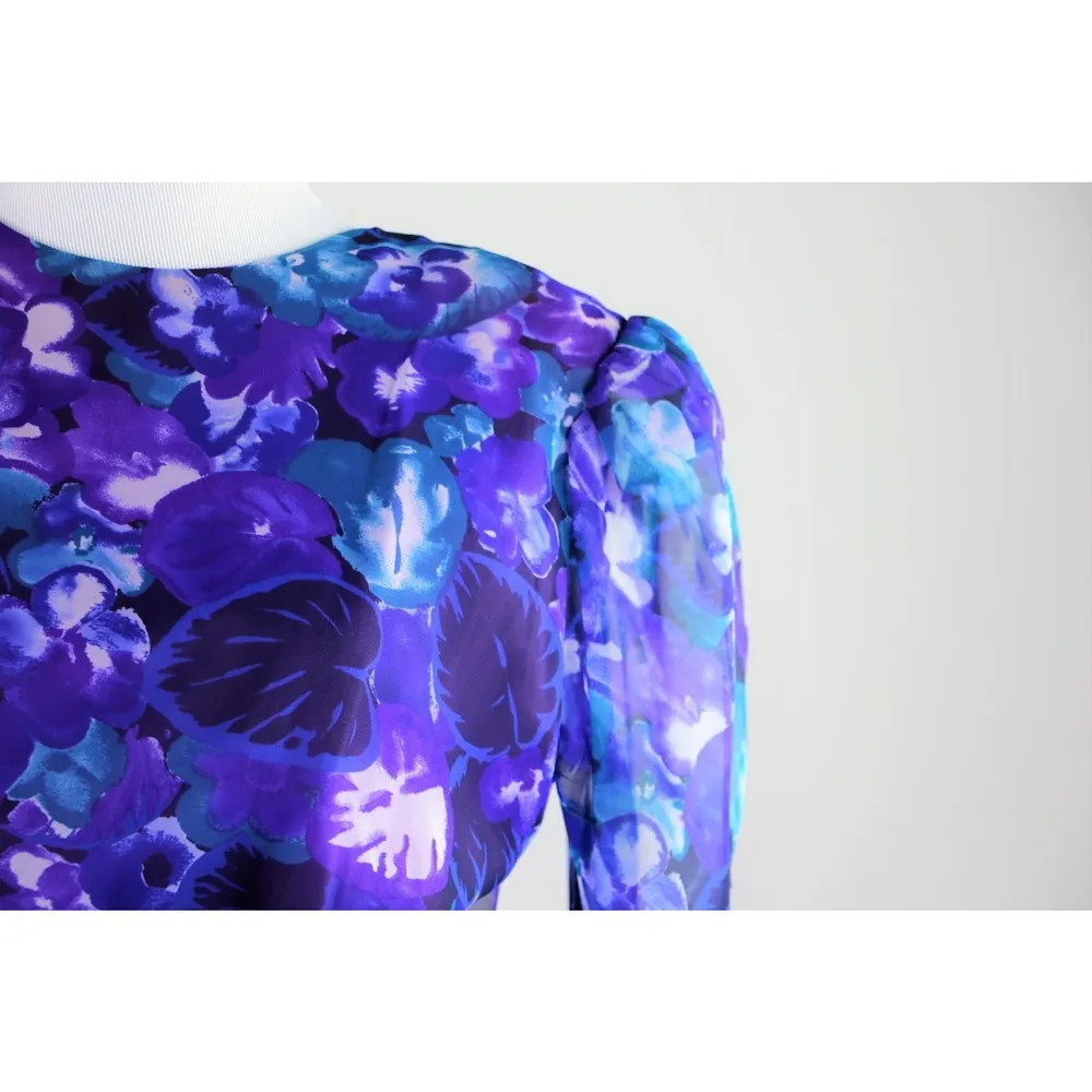 Vintage 1980s Purple Floral Print Chiffon Semi Sheer Dress Medium - Image 7