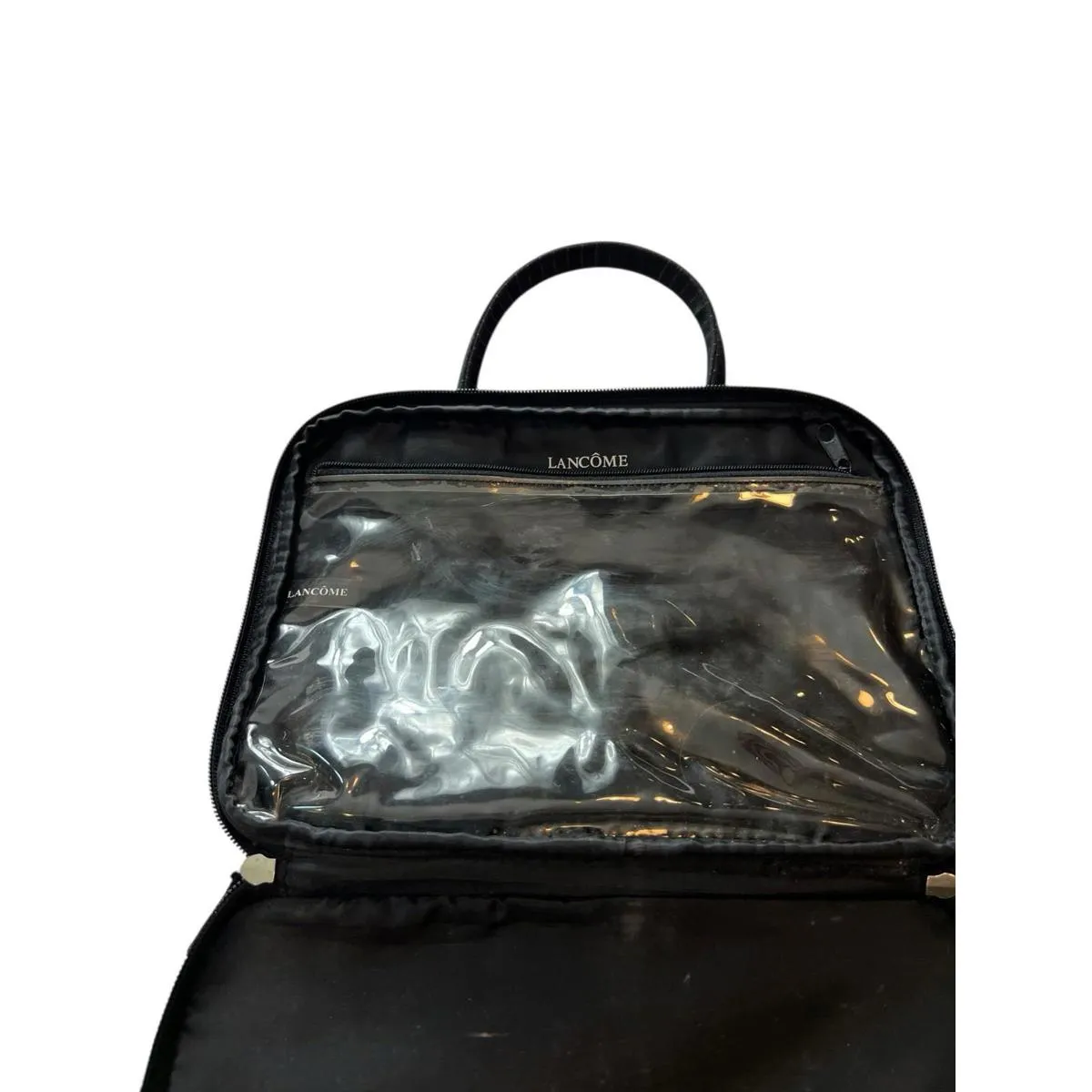 Lancôme Black Pinstripe Train Case Travel Makeup Bag 12x9 Cosmetic Organizer - Image 7