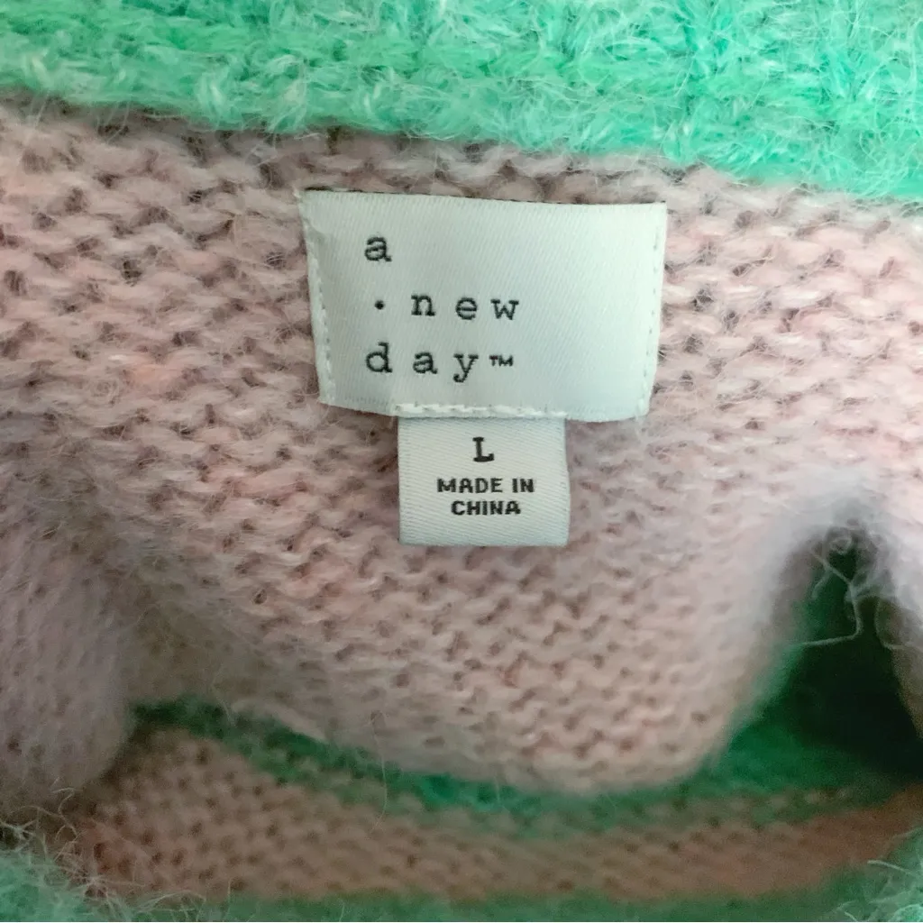 A new day Fuffy Striped Green & Pink Mock Neck Sweater L - Image 3