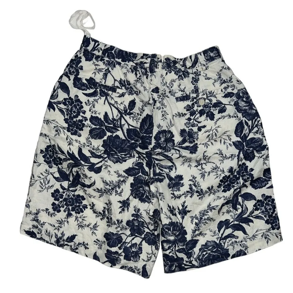 VTG Lauren Ralph Lauren Women's SZ 8 Blue/White Cottagecore Floral Linen Shorts - Image 2
