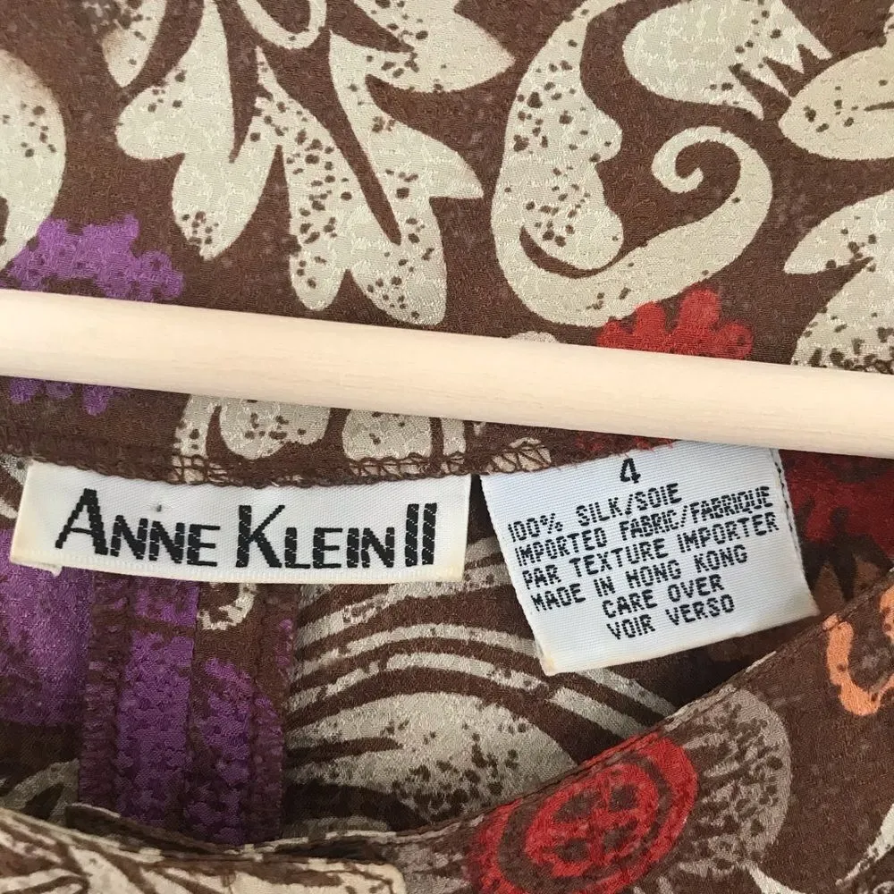 VINTAGE Floral Silk Top Blouse Long Sleeve Metal Button Front Retro Brown Size 4 Brown - Image 3