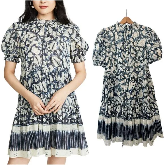 ULLA JOHNSON Dahlia Dress Blue Batik Short Puff Sleeves Crew Neck Silk Lurex 2 - Image 2