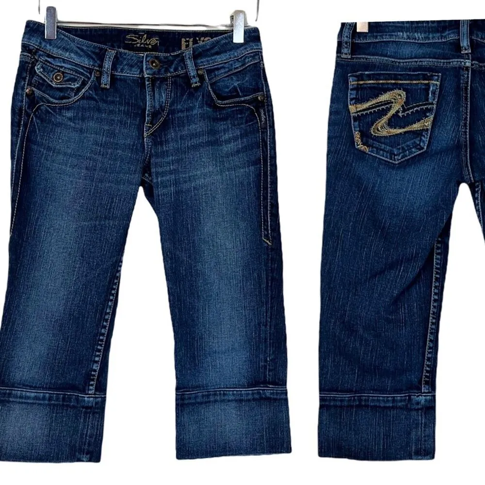 Silver Jeans Elyssa Dark Wash Contrast Stitch 6" Low Rise Capri Jeans Size 24 - Image 10