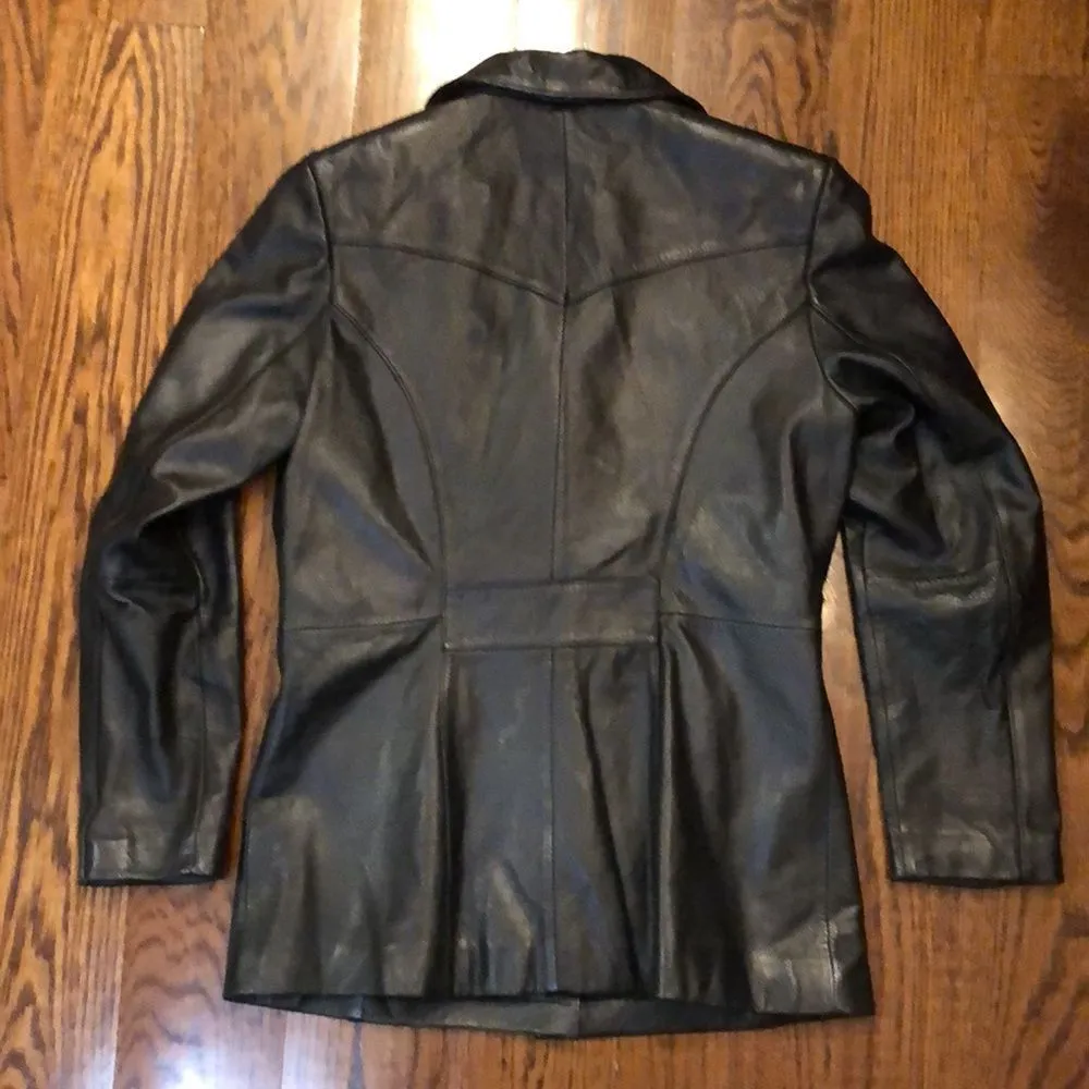 WILSON’S LEATHER Black Leather Long Line Pea Coat with Single Breast Faux Belt - Image 2