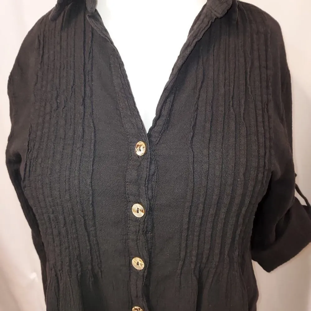 Vintage Dunes Black Shell Buttons Long Shirt Textured Button Up Blouse Top Size M - Image 5