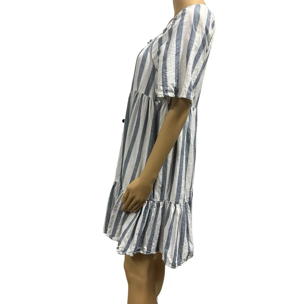 ana Polly Striped Cotton Blue White Short Sleeve Babydoll Tiered Dress Womens S - Image 10