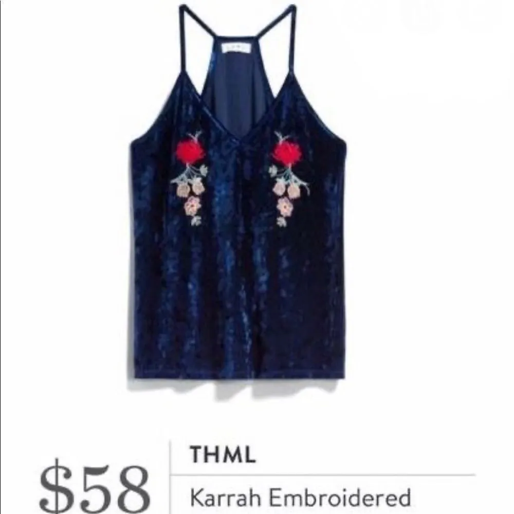 THML Stitch Fix Karrah Blue Velvet Embroidered Top M - Image 2