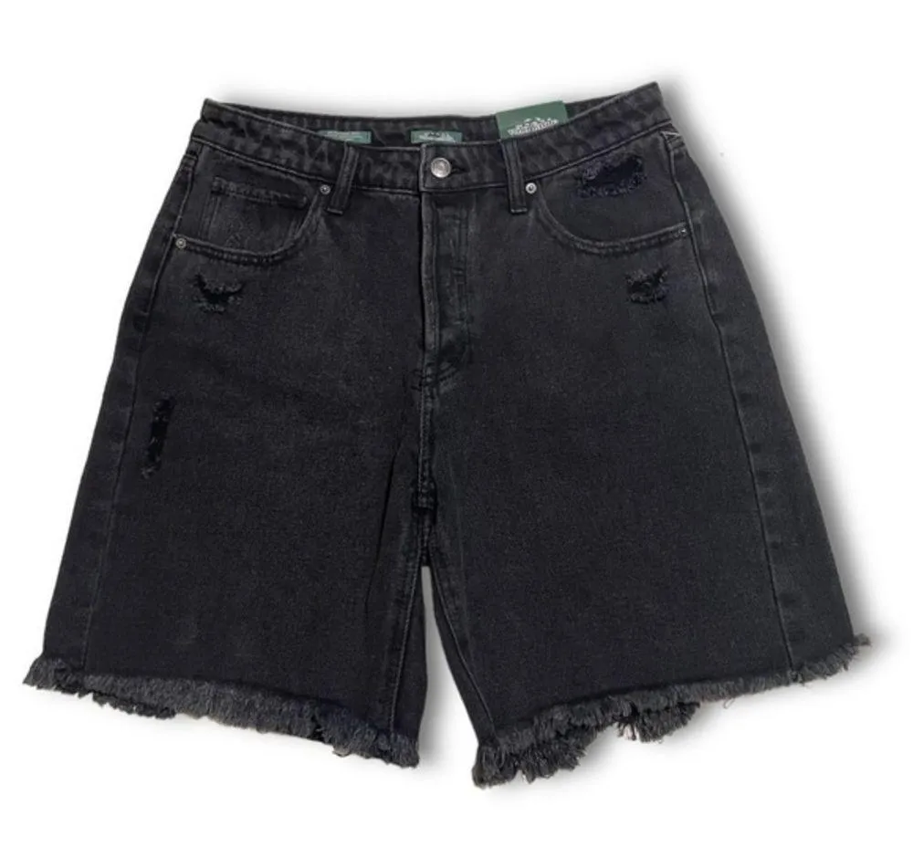 NWT 10 Black Wash Denim High Rise Bermuda Shorts Long Cutoff Hems New - Image 4