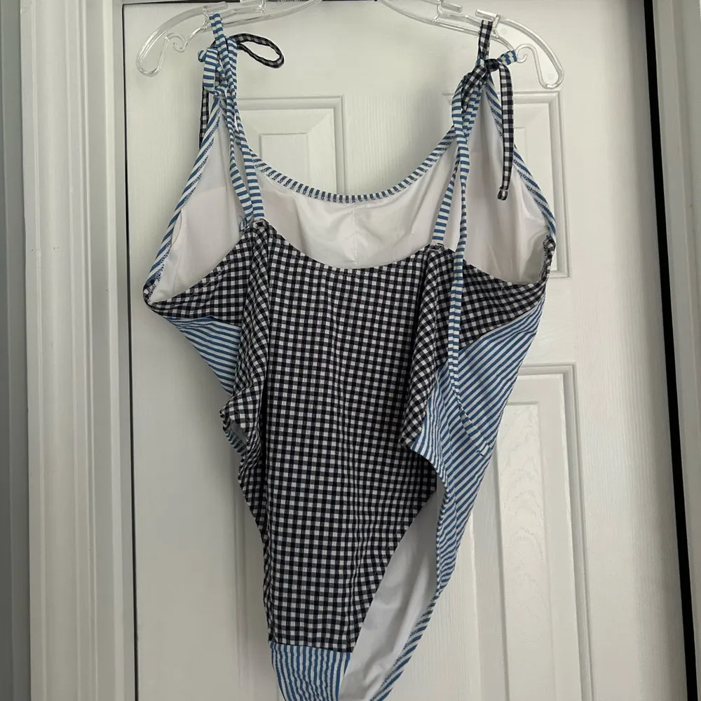 Aerie Seersucker & Gingham Blue White Navy Tie Straps One Piece Swimsuit - Image 5