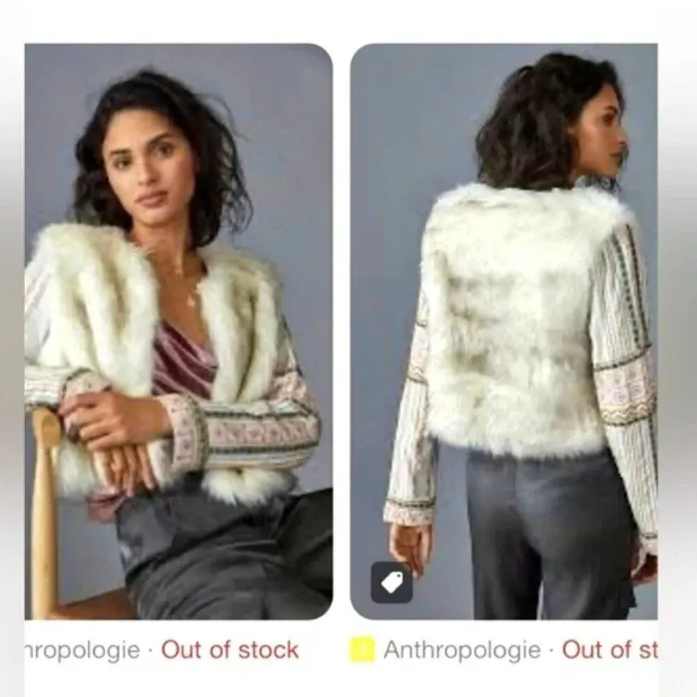 Bl^nk London x Anthropologie NWOT Embroidered Beaded Cropped Faux Fur Jacket XS - Image 3