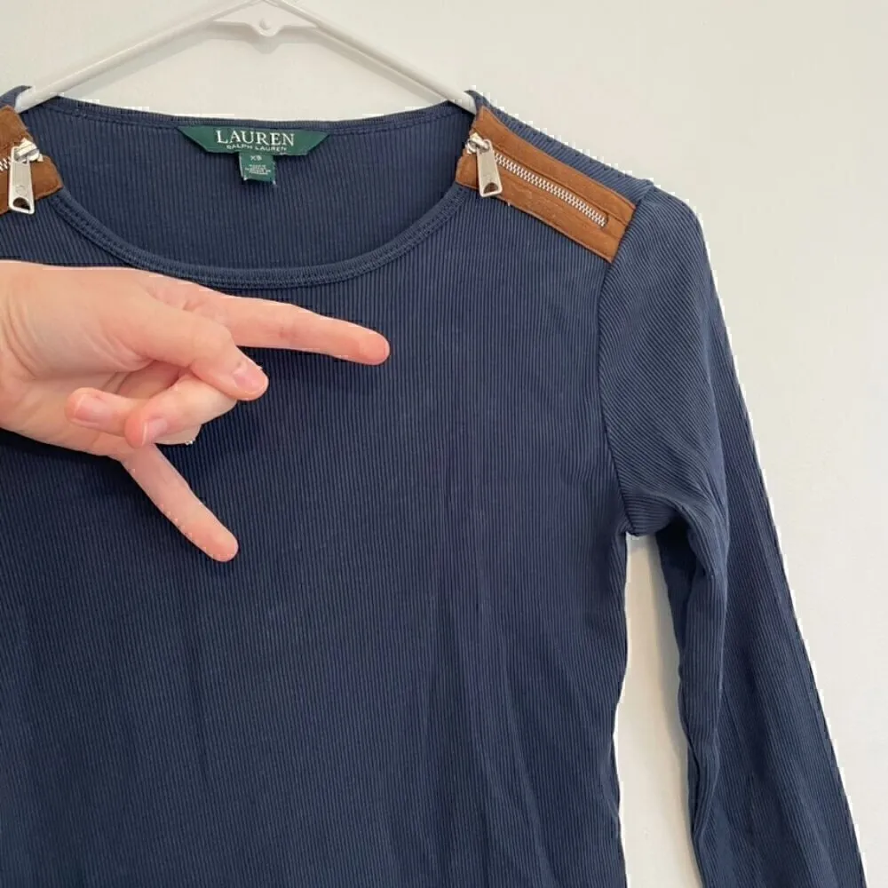 LAUREN RALPH LAUREN LRL Gacy Zip Shoulder Crew Navy Blue Long Sleeve Cotton Top - Image 7