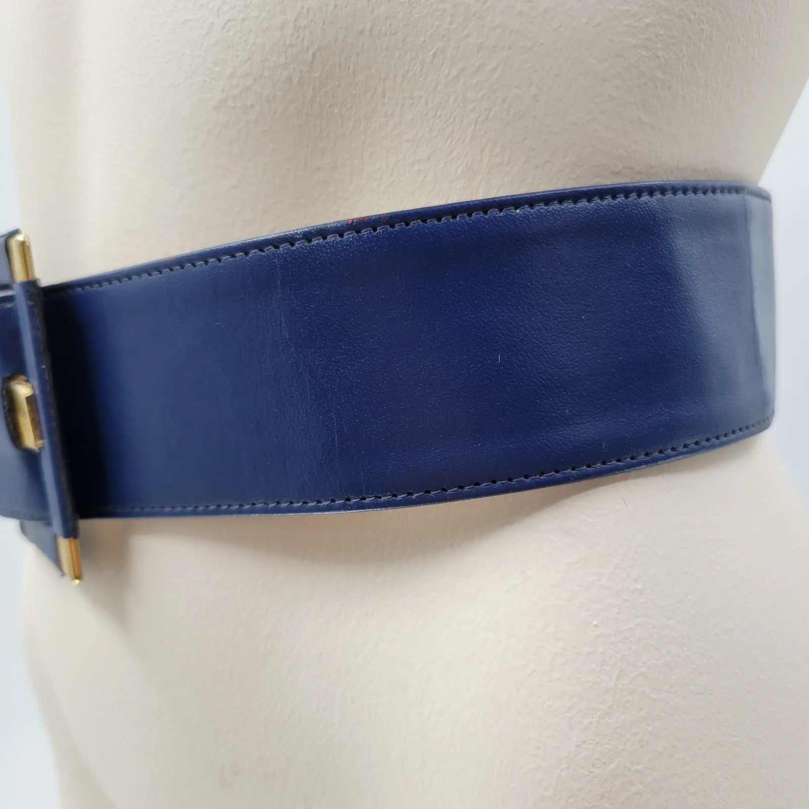 Yves Saint Laurent 4930 Wide Leather Belt Blue Rectangle Brass Buckle Art Deco - Image 11