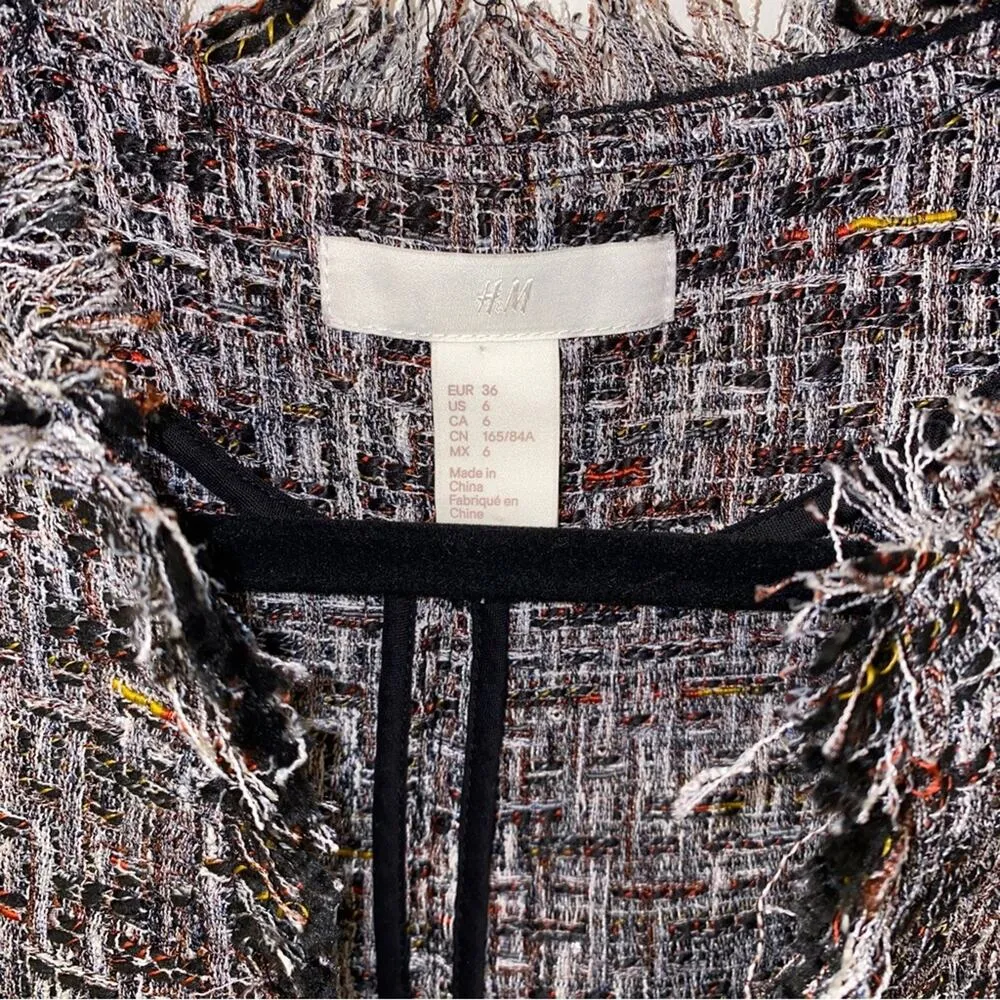 H&M  Frayed Tweed Sequin Cropped Jacket Open-front Blazer Size 6 - Image 3