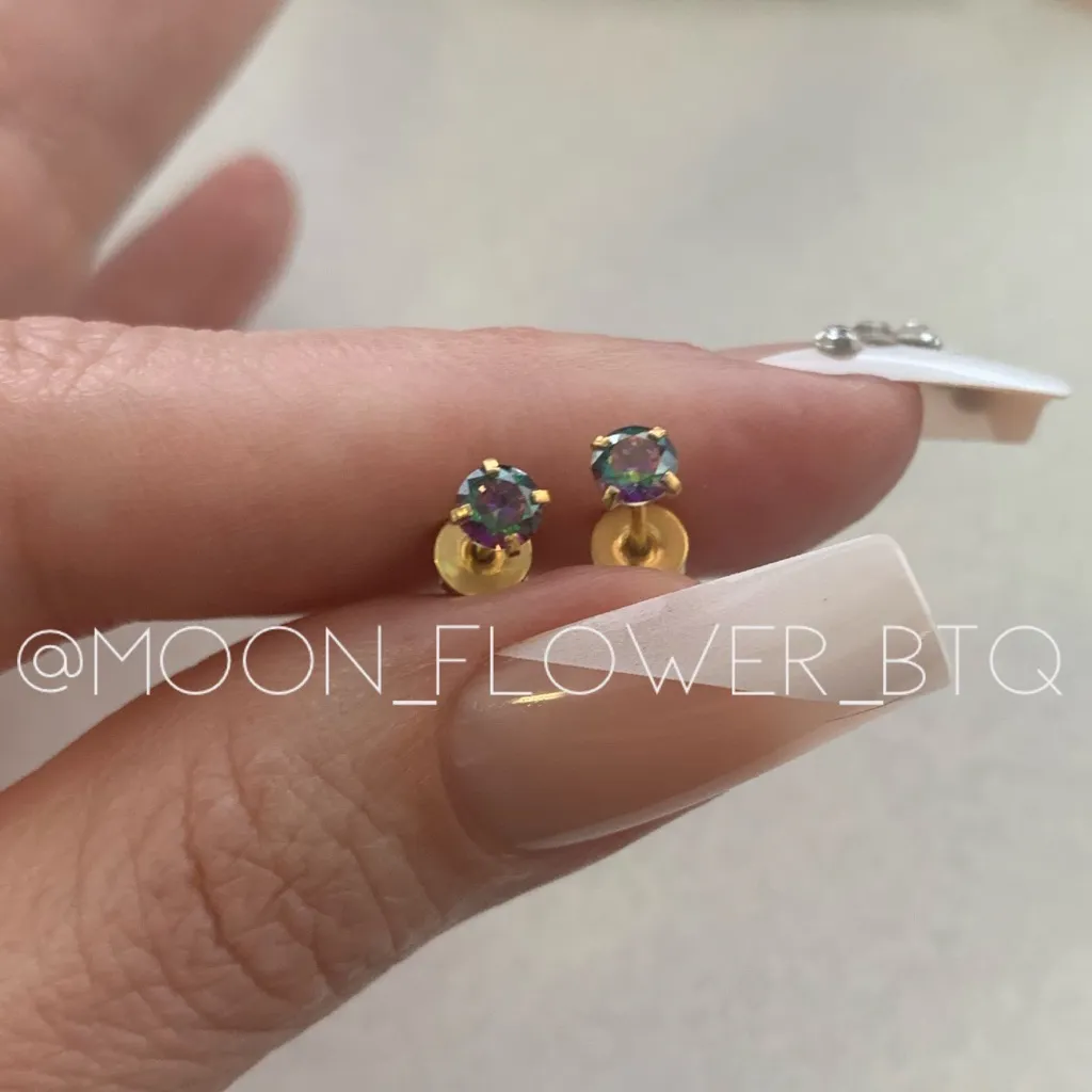 Tiny 4mm Rainbow CZ Flat Back Earrings – 18K Gold Plated Hypoallergenic Studs - Image 3