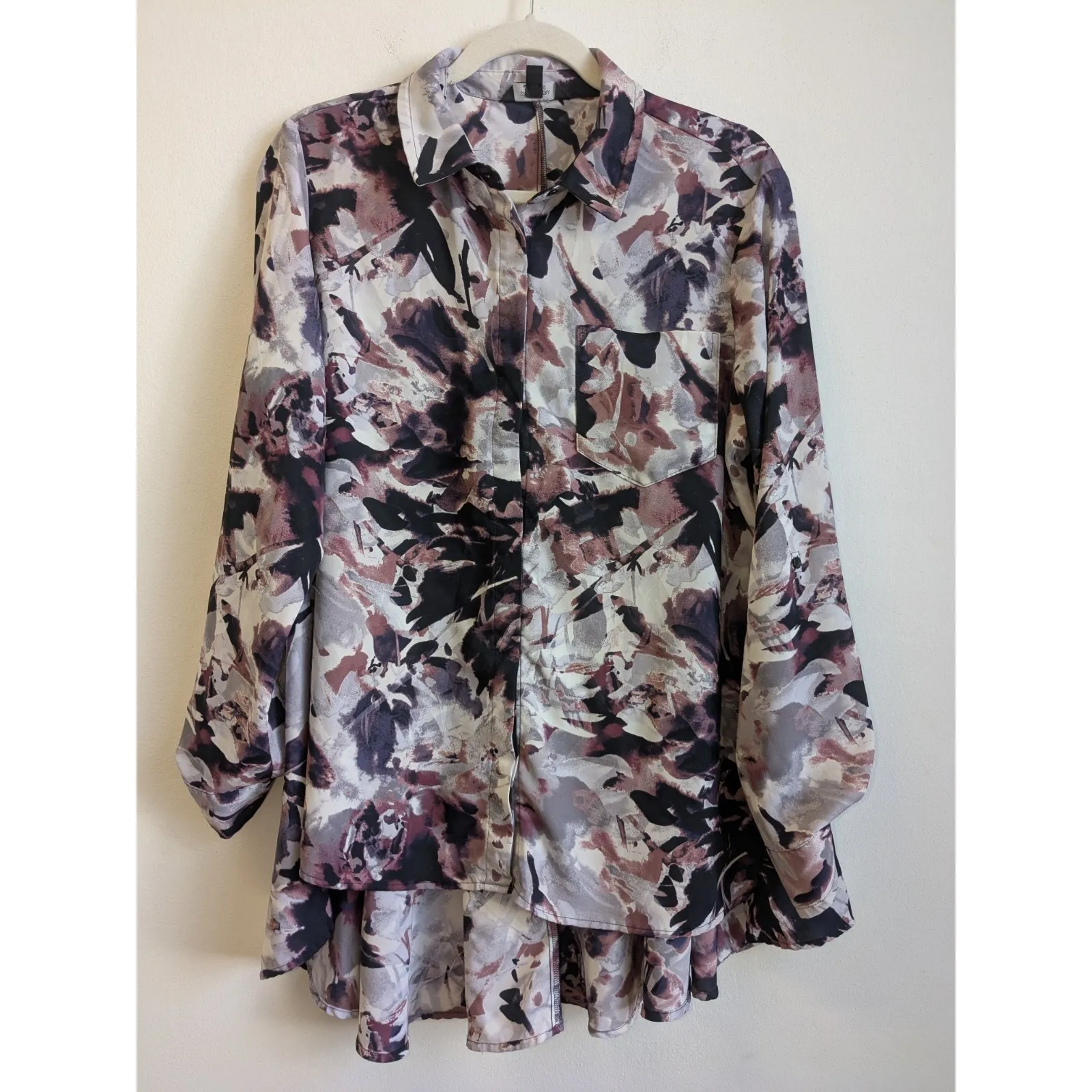 SIMPLY VERA WANG Women's Blouse Top Purple Abstract Roll Tab Sleeve Button Sz L Black Size L - Image 2