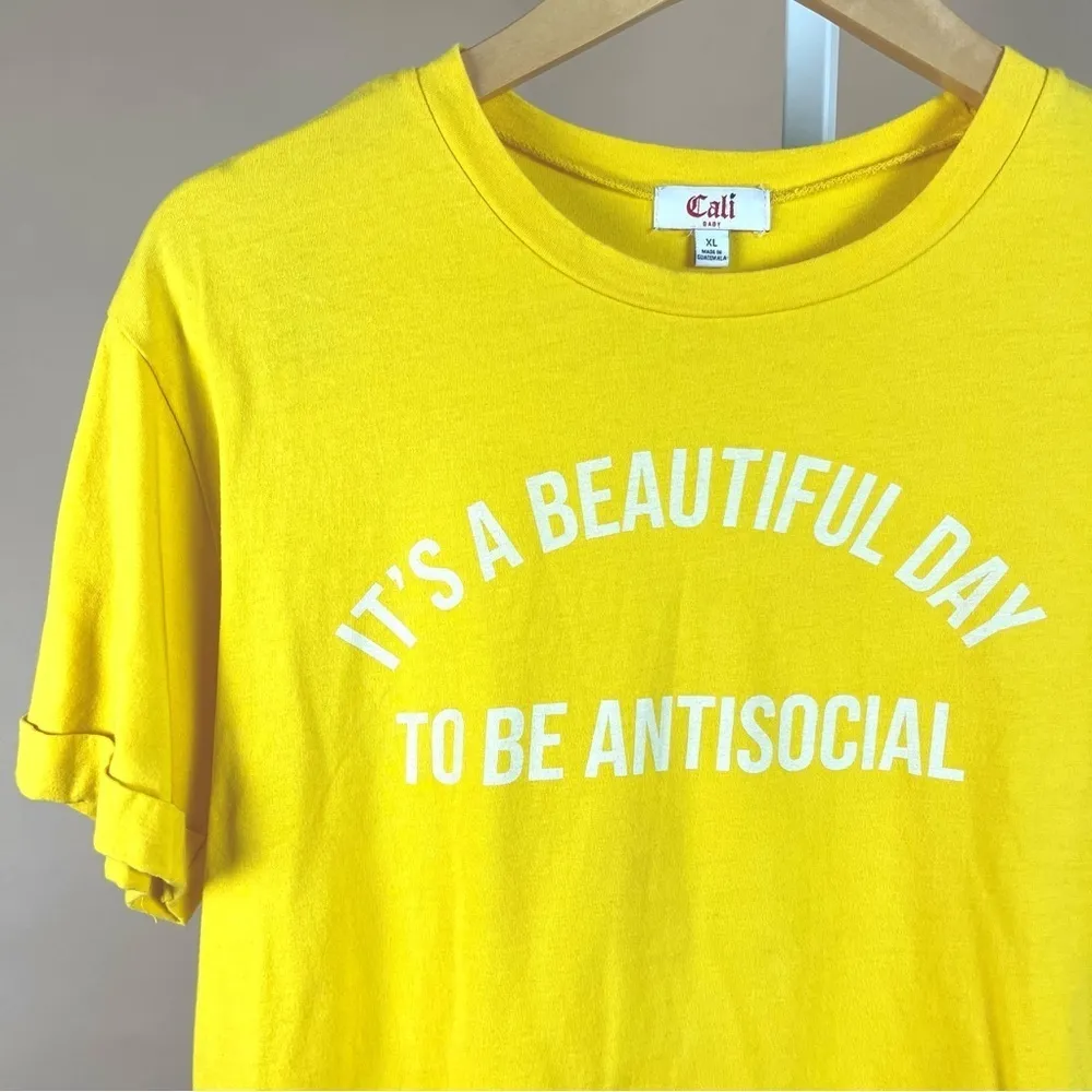 Cali It's A Beautiful Day Antisocial XL Bright Yellow Graphic Crop Tee Quote - Image 4