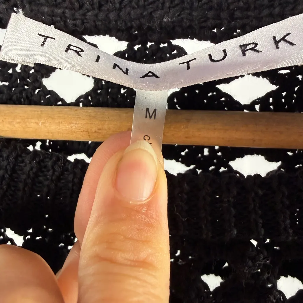 Trina Turk Pima Cotton Crewneck Open Knit Sweater in Black Size Medium - Image 3
