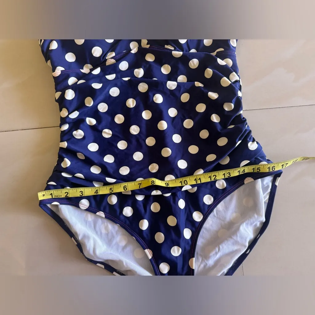 Boden One Piece Swimsuit Bathing Suit Polka Dot Blue White Size 12 Missing Strap - Image 12