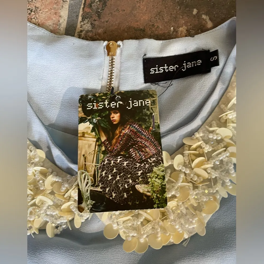 Sister Jane Sequin & Pearl Collar Tulle Sleeve Blue Crop Top Size S - Image 4