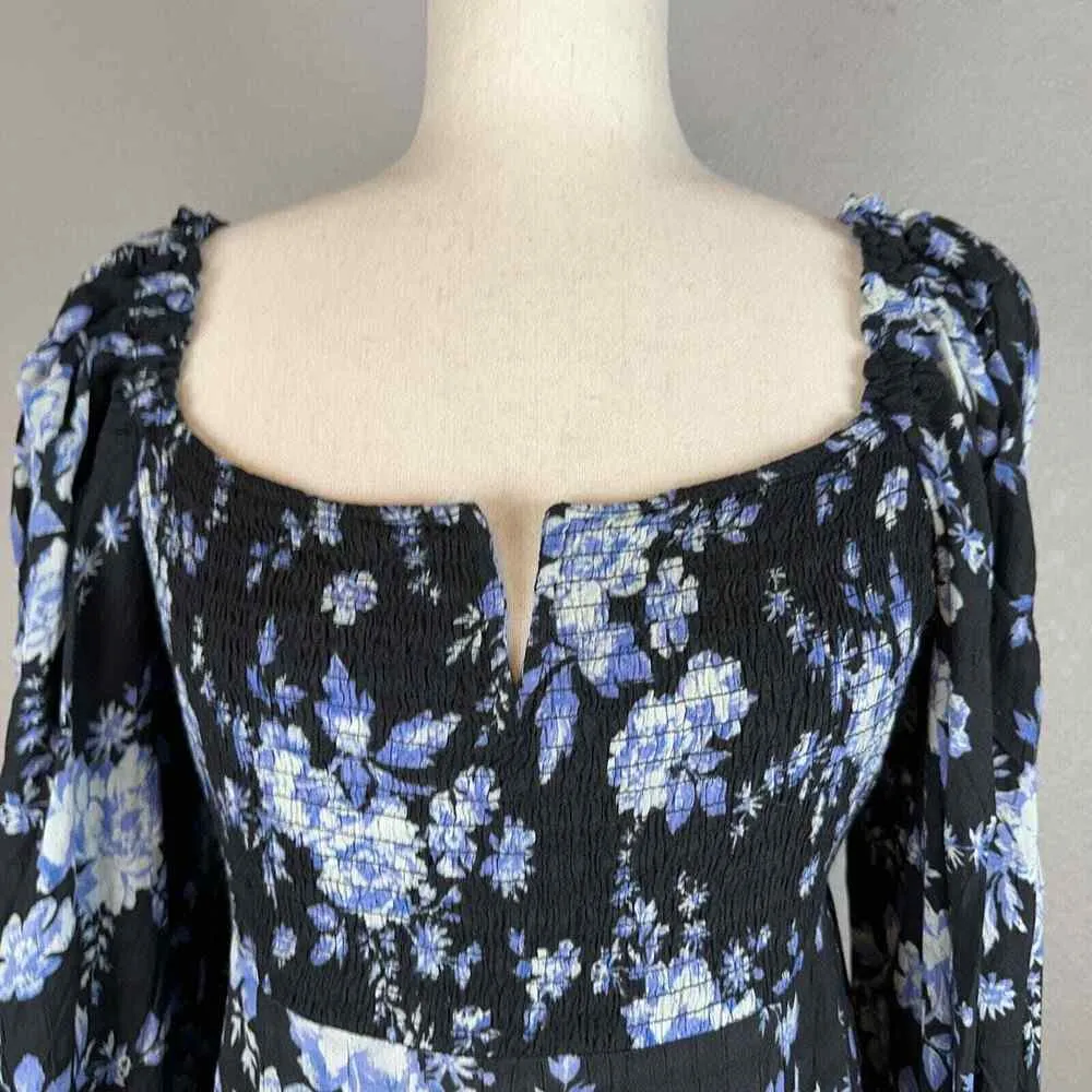 Free People Long Sleeve Jaymes Square Neck Midi Dress Size M Medium Blue Floral - Image 2