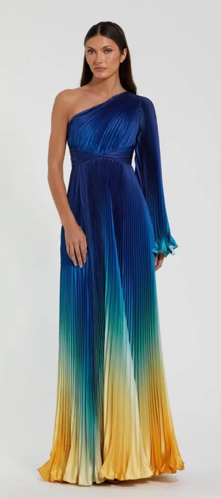 MAC DUGGAL 49903 Blue Ombre Pleated Charmeuse One-Shoulder Gown Dress 4 Flaws - Image 2