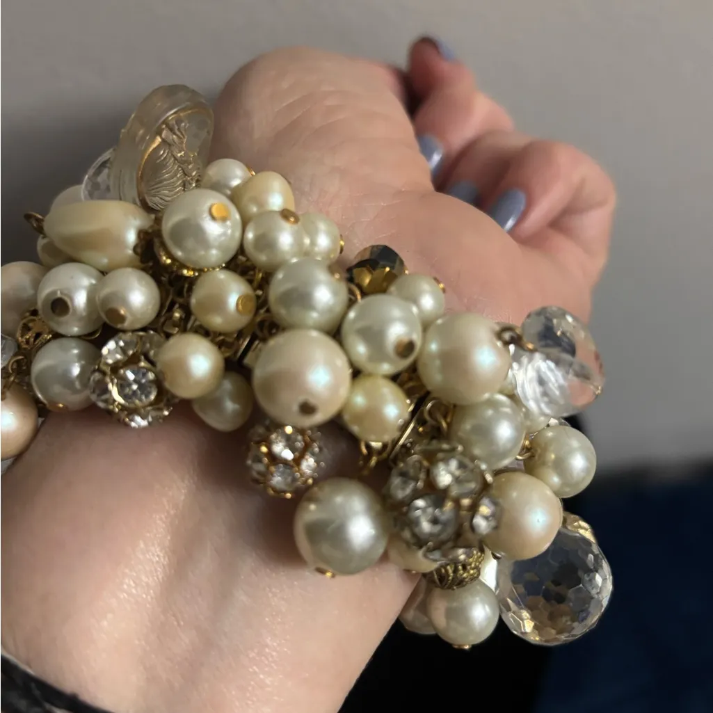 VTG Expansion CHA CHA Bracelet White Faux Pearl Crystal Filigree Dangle Beads Gold - Image 3
