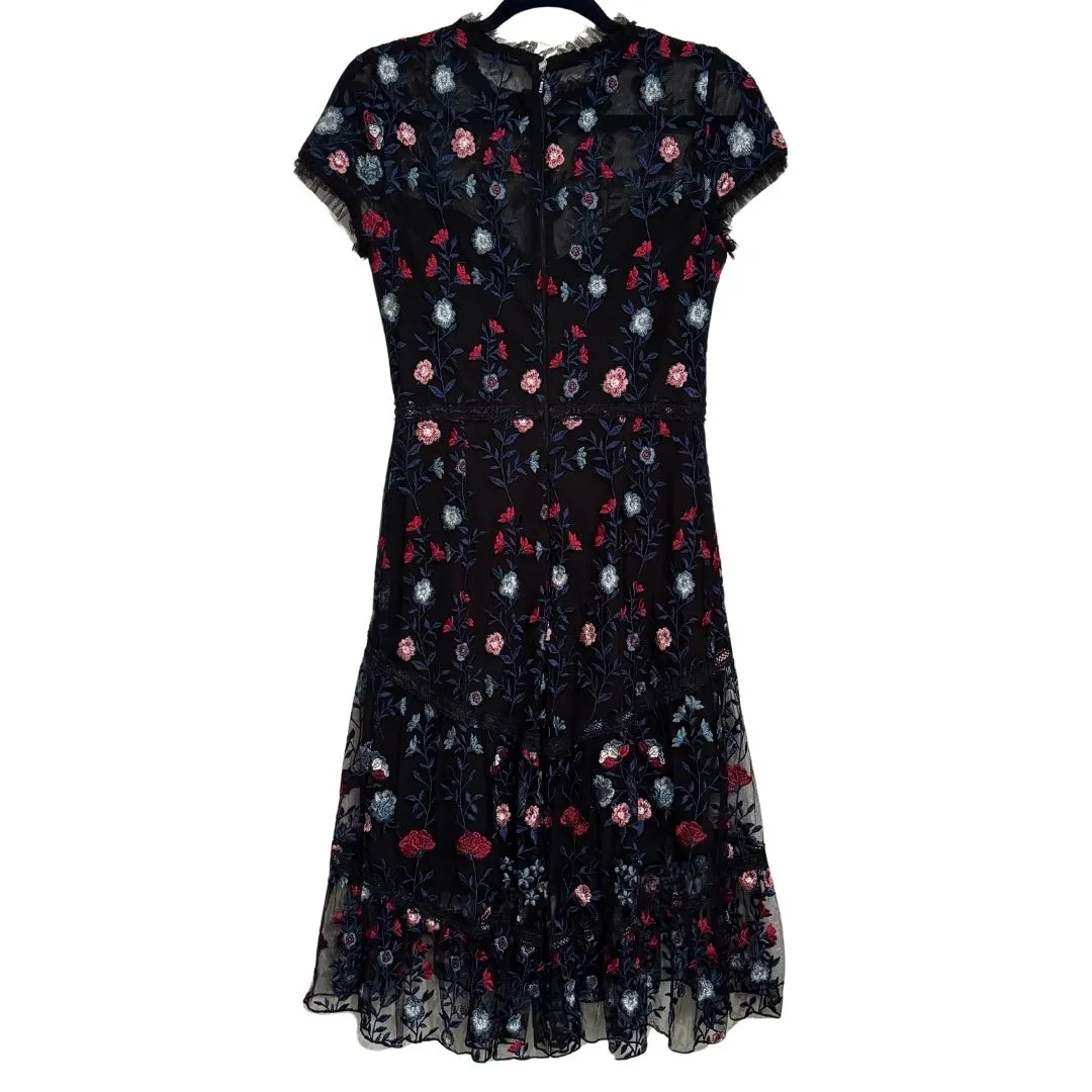 ML by MONIQUE LHEULIER Dark Navy Floral Embroidered Tea Length Gown Dress EUC 6 - Image 8
